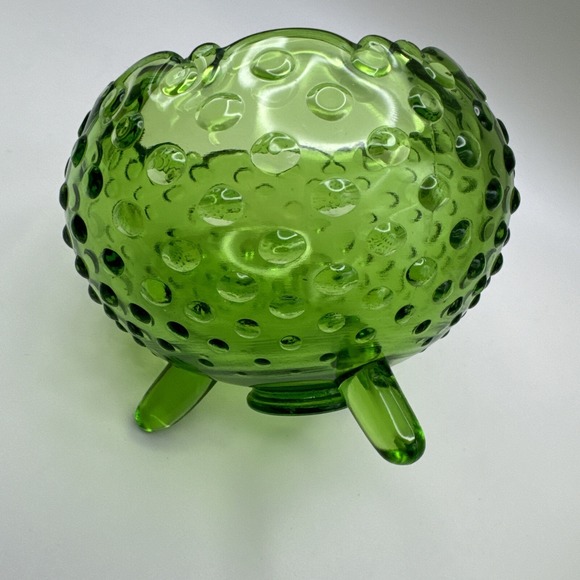 Vintage Mid Century LE Smith Glass Green Hobnail Rose Bowl Dish Vase 3 Footed‎ - Picture 5 of 6